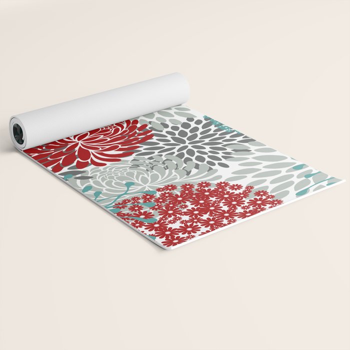 Festive, Flowers in Red, Teal and Gray Yoga Mat Gallery Image 2