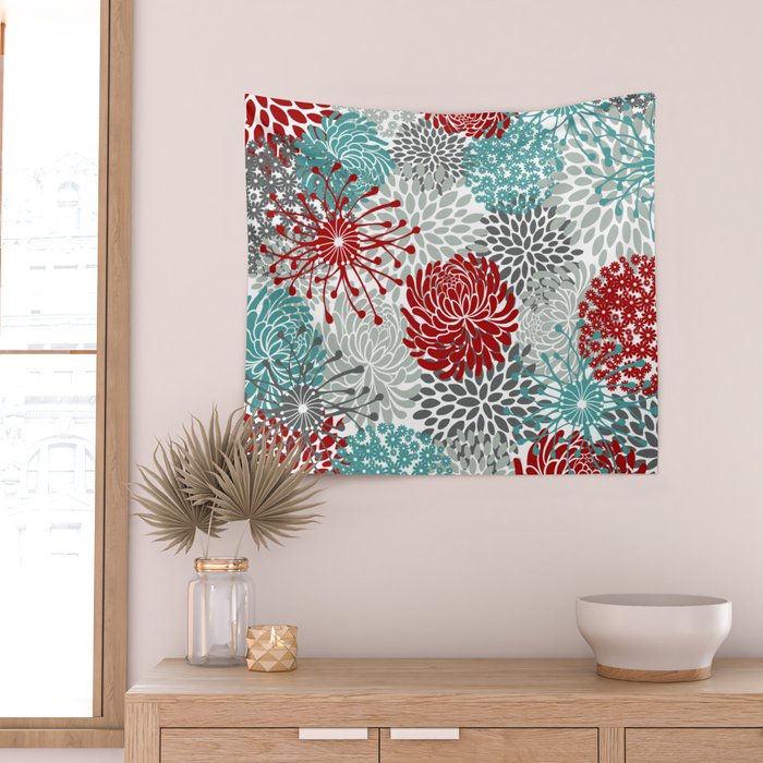Festive, Flowers in Red, Teal and Gray Wall Tapestry Gallery Image 2