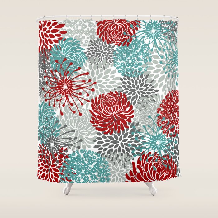 Festive, Flowers in Red, Teal and Gray Shower Curtain Gallery Image 1