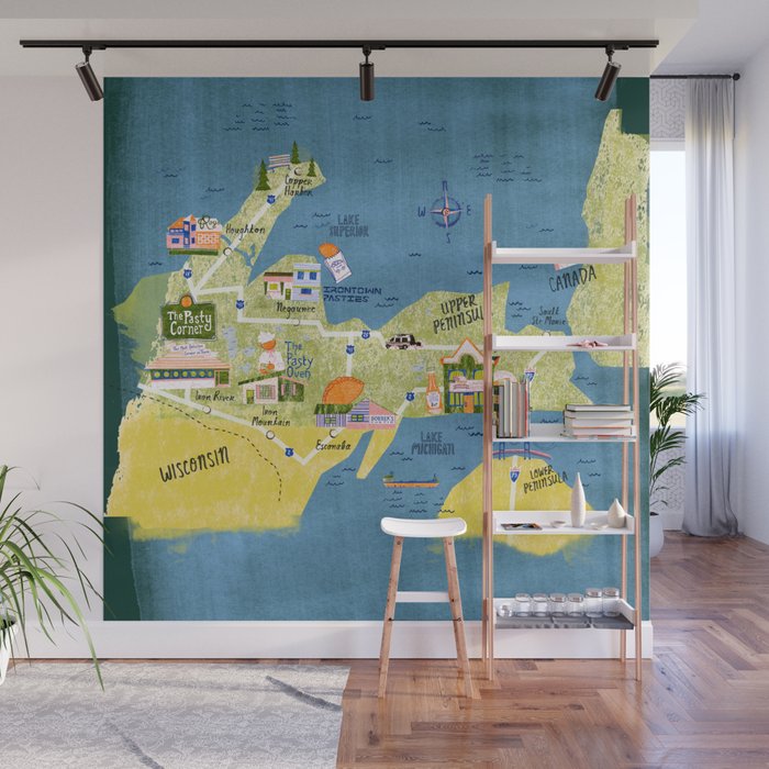 Map of Northern Michigan - Pasty Tour in Emerald Wall Mural Gallery Image 1