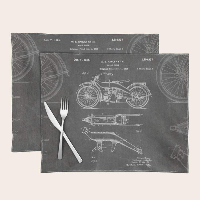 Harley Motorcycle Patent - Harley Bike Art - Black Chalkboard Placemat Gallery Image 1