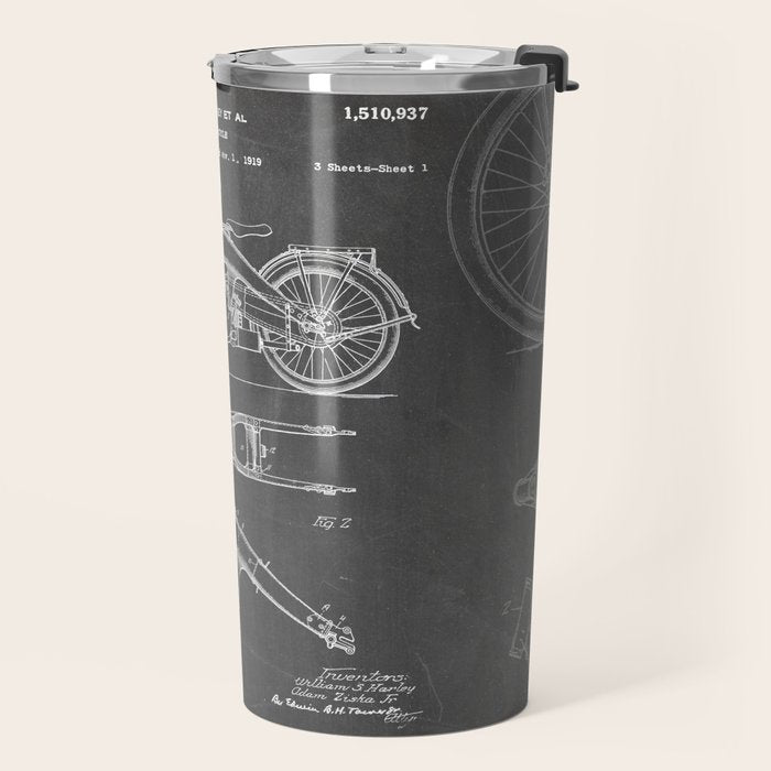 Harley Motorcycle Patent - Harley Bike Art - Black Chalkboard Travel Mug Gallery Image 2