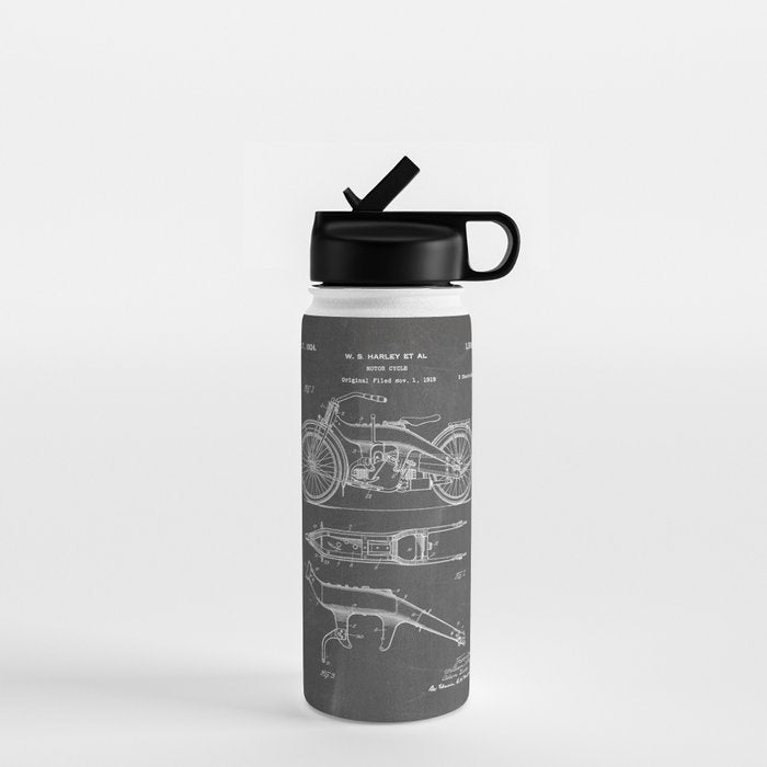Harley Motorcycle Patent - Harley Bike Art - Black Chalkboard Water Bottle Gallery Image 1