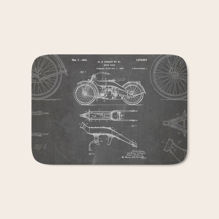 Harley Motorcycle Patent - Harley Bike Art - Black Chalkboard Bath Mat Gallery Image 1