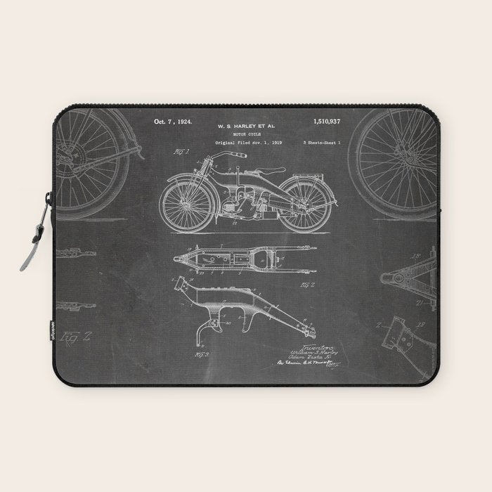 Harley Motorcycle Patent - Harley Bike Art - Black Chalkboard Laptop Sleeve Gallery Image 1