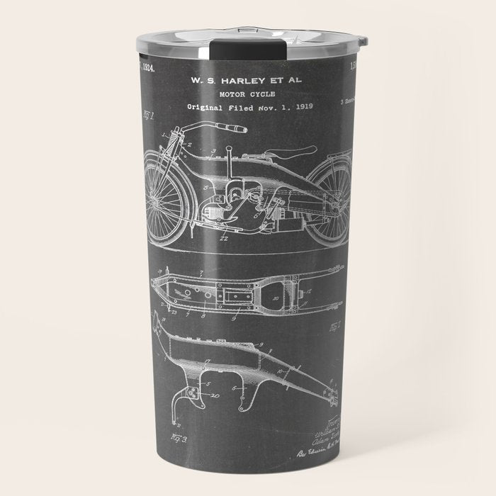 Harley Motorcycle Patent - Harley Bike Art - Black Chalkboard Travel Mug Gallery Image 1