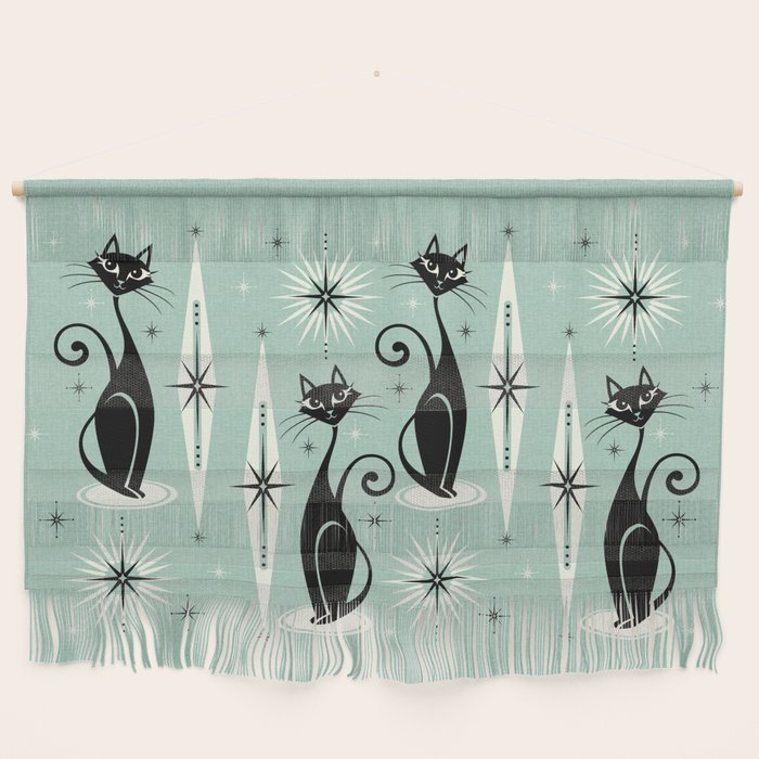 Mid Century Meow Retro Atomic Cats Mint Wall Hanging Gallery Image 1