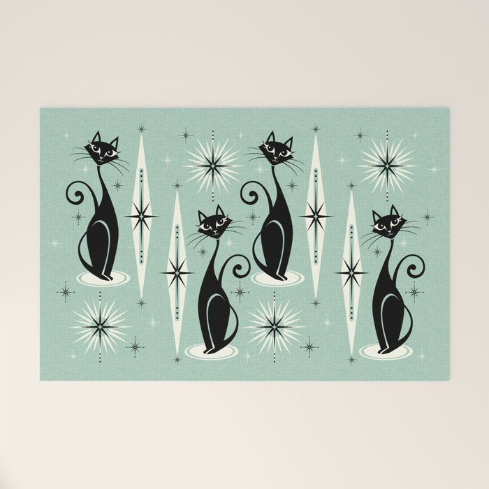 Mid Century Meow Retro Atomic Cats Mint Welcome Mat Gallery Image 1