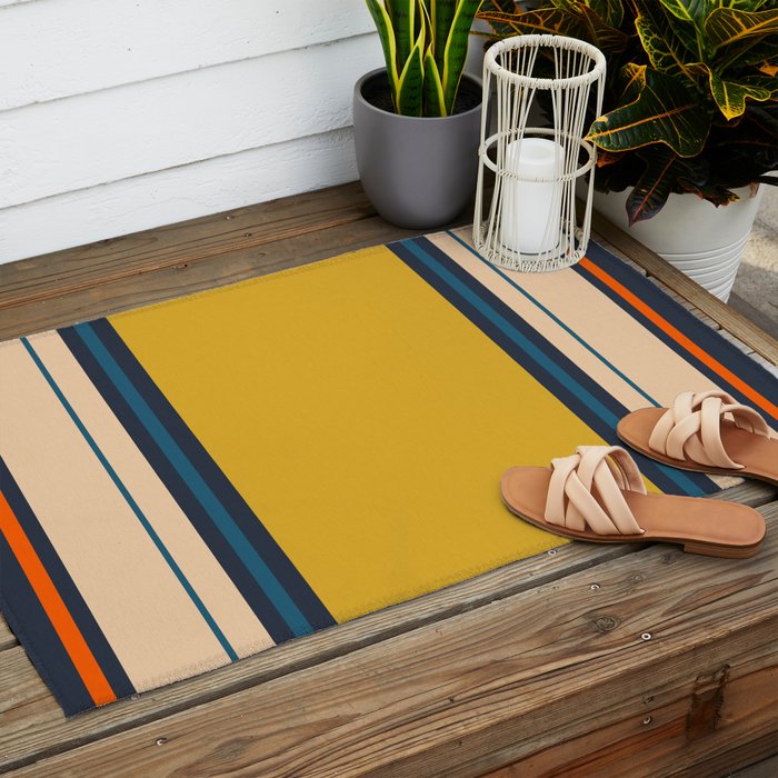 Wide and Thin Stripes Minimal Color Block Pattern Mustard Blue Orange Outdoor Rug Gallery Image 2