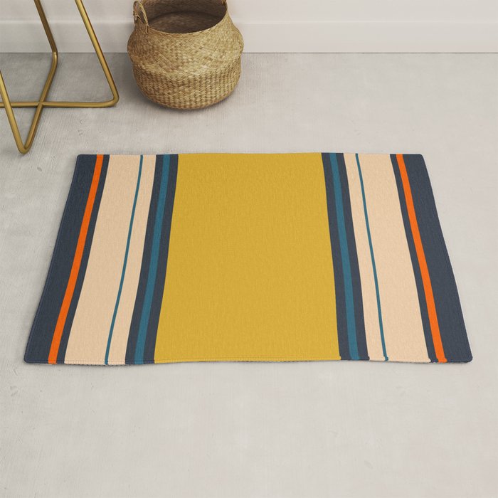 Wide and Thin Stripes Minimal Color Block Pattern Mustard Blue Orange Rug Gallery Image 1