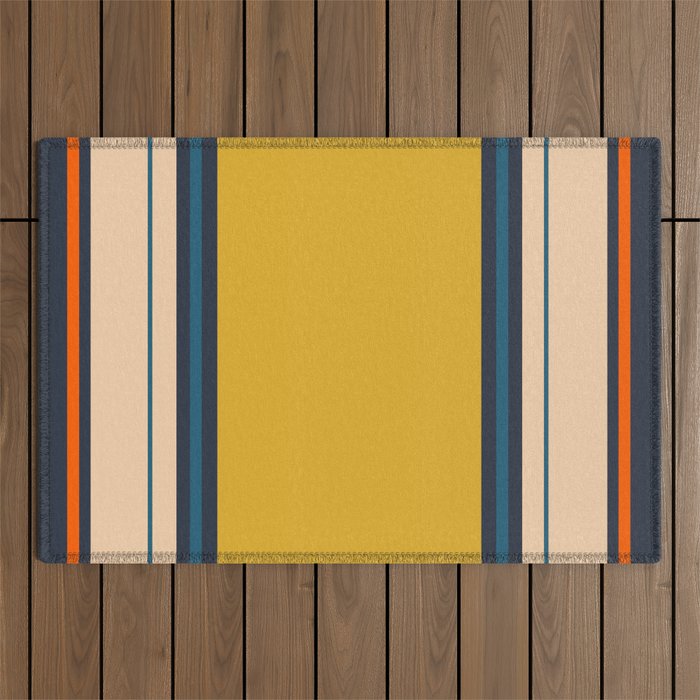 Wide and Thin Stripes Minimal Color Block Pattern Mustard Blue Orange Outdoor Rug Gallery Image 1