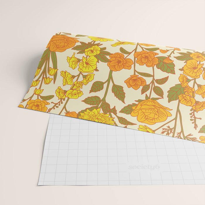 Yellow Vintage-Inspired 70s Floral Cottage Garden Wrapping Paper Gallery Image 2