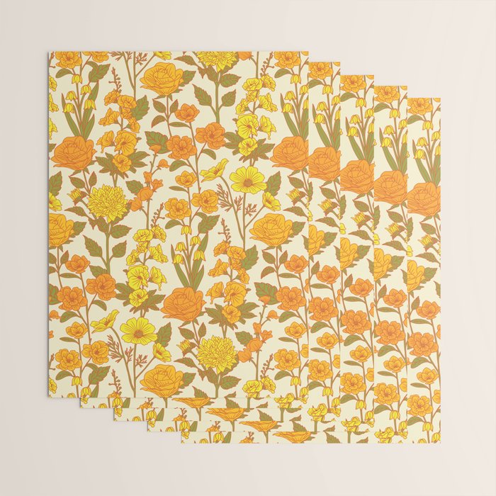 Yellow Vintage-Inspired 70s Floral Cottage Garden Wrapping Paper Gallery Image 3
