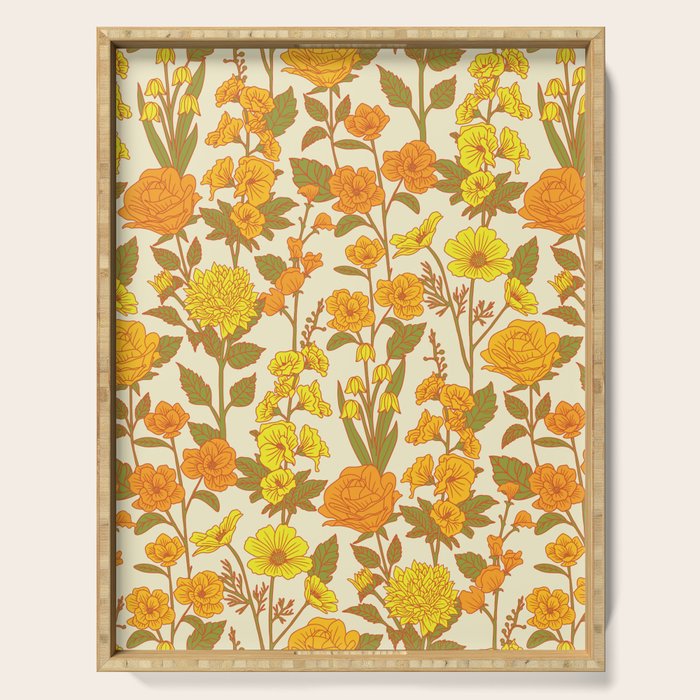 Yellow Vintage-Inspired 70s Floral Cottage Garden Serving Tray Gallery Image 1