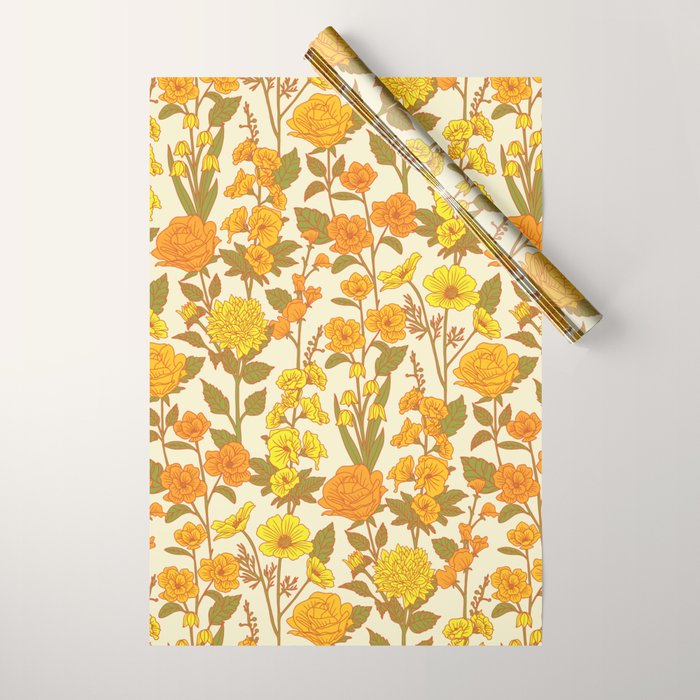 Yellow Vintage-Inspired 70s Floral Cottage Garden Wrapping Paper Gallery Image 1