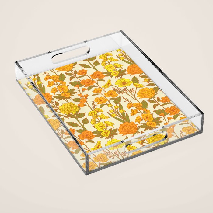Yellow Vintage-Inspired 70s Floral Cottage Garden Acrylic Tray Gallery Image 1