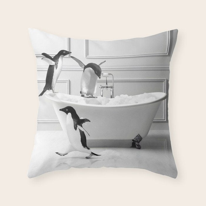 Penguin in Bathtub Throw Pillow Gallery Image 1