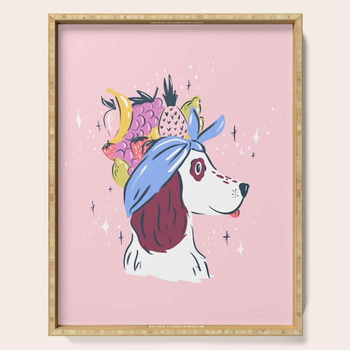 Spaniel with Fruit Hat Dog Illustration Serving Tray Gallery Image 1