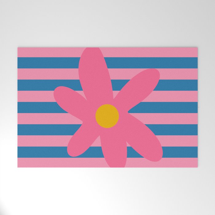 Joyful Flower and Stripes Floral Pink Blue Yellow Welcome Mat Gallery Image 1