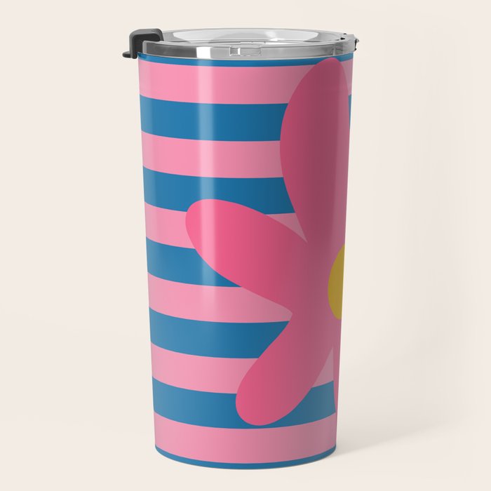 Joyful Flower and Stripes Floral Pink Blue Yellow Travel Mug Gallery Image 3