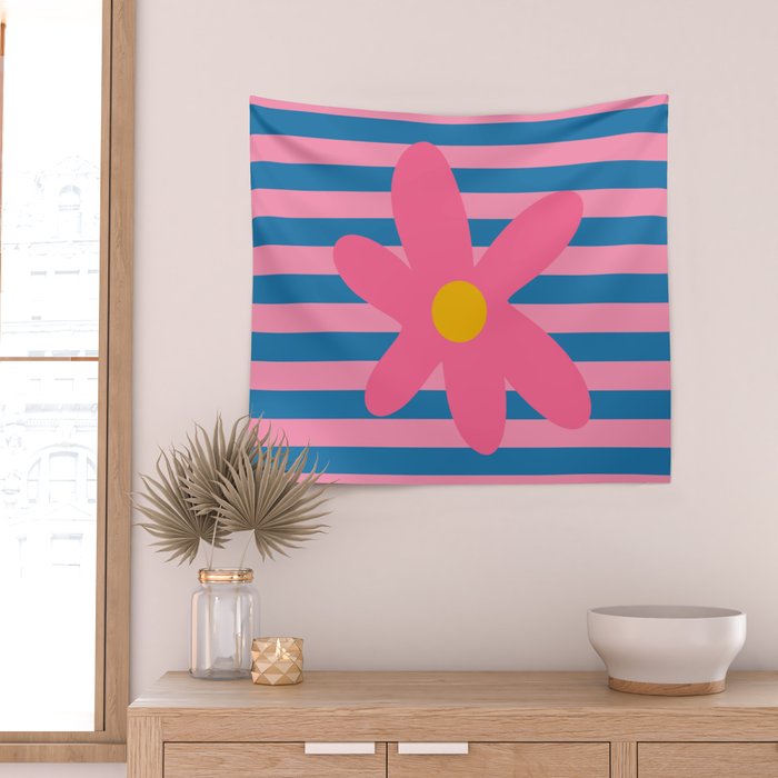 Joyful Flower and Stripes Floral Pink Blue Yellow Wall Tapestry Gallery Image 2