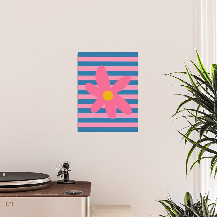 Joyful Flower and Stripes Floral Pink Blue Yellow Poster Gallery Image 2