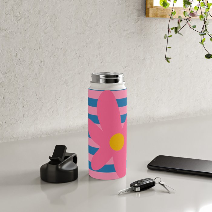 Joyful Flower and Stripes Floral Pink Blue Yellow Water Bottle Gallery Image 4