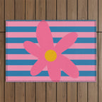 Joyful Flower and Stripes Floral Pink Blue Yellow Outdoor Rug Gallery Image 1