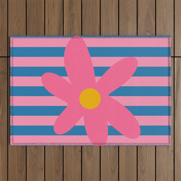 Joyful Flower and Stripes Floral Pink Blue Yellow Outdoor Rug Gallery Image 1