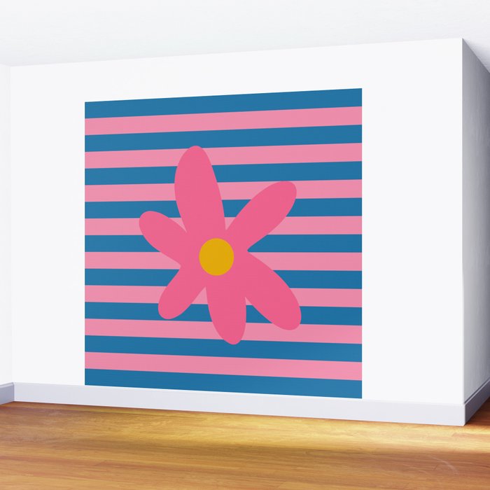 Joyful Flower and Stripes Floral Pink Blue Yellow Wall Mural Gallery Image 2