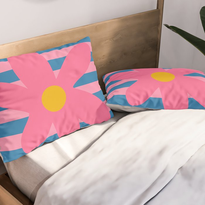 Joyful Flower and Stripes Floral Pink Blue Yellow Pillow Sham Gallery Image 2