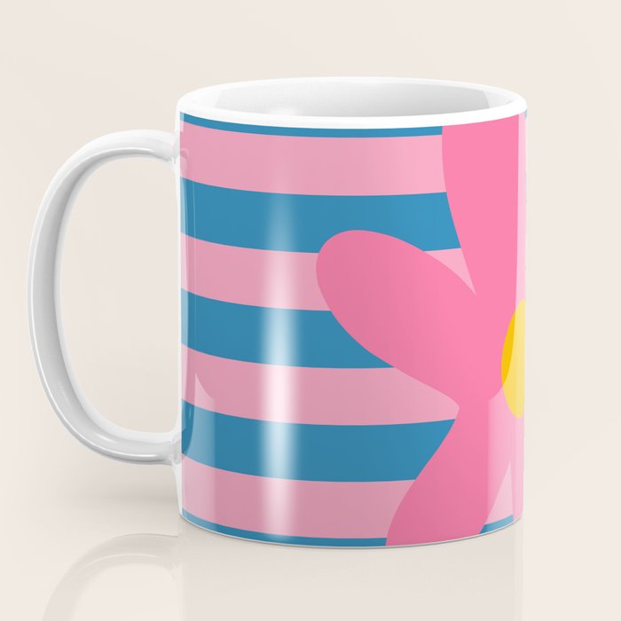 Joyful Flower and Stripes Floral Pink Blue Yellow Coffee Mug Gallery Image 3