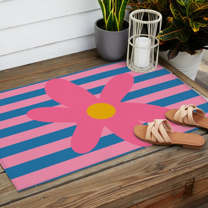 Joyful Flower and Stripes Floral Pink Blue Yellow Outdoor Rug Gallery Image 2
