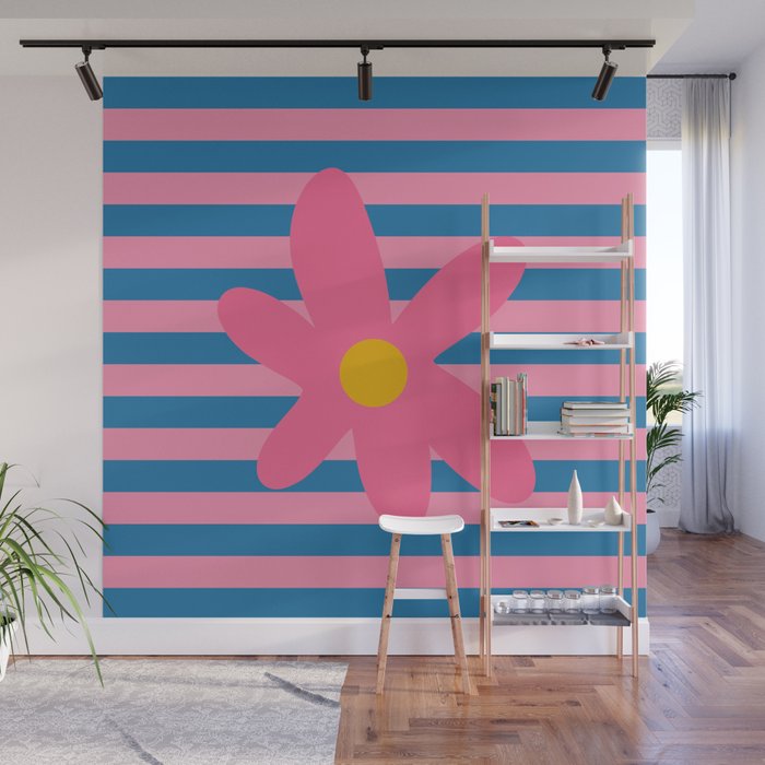 Joyful Flower and Stripes Floral Pink Blue Yellow Wall Mural Gallery Image 1