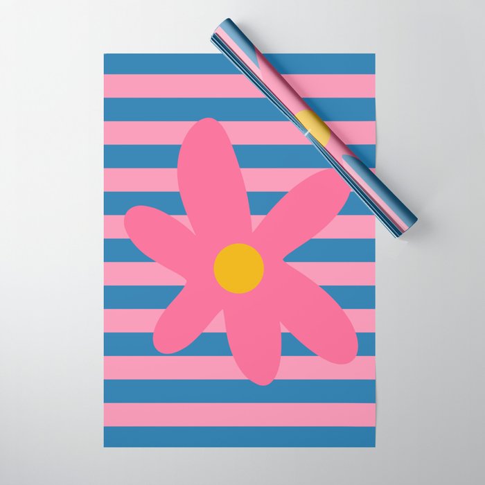 Joyful Flower and Stripes Floral Pink Blue Yellow Wrapping Paper Gallery Image 1