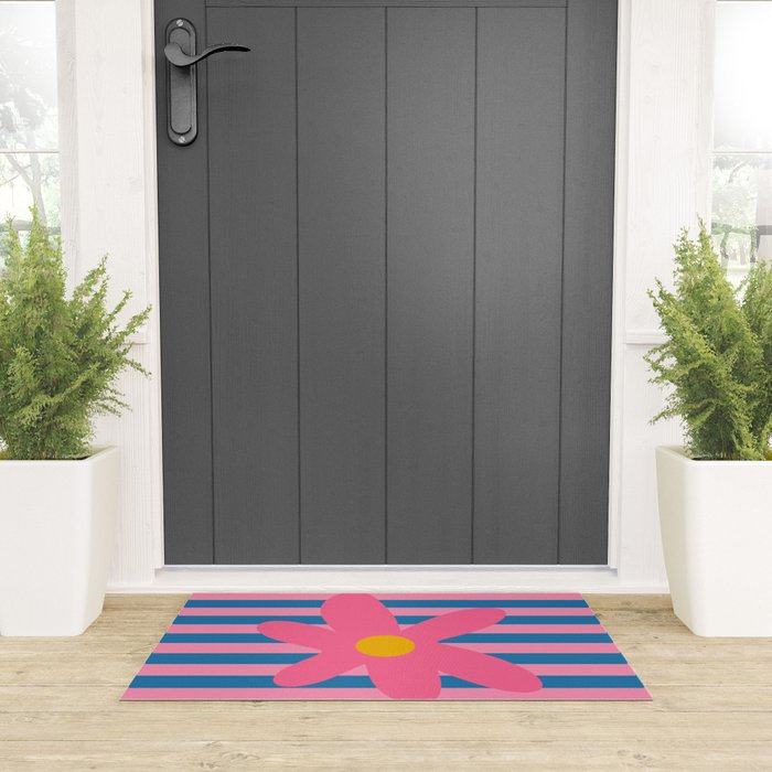 Joyful Flower and Stripes Floral Pink Blue Yellow Welcome Mat Gallery Image 3