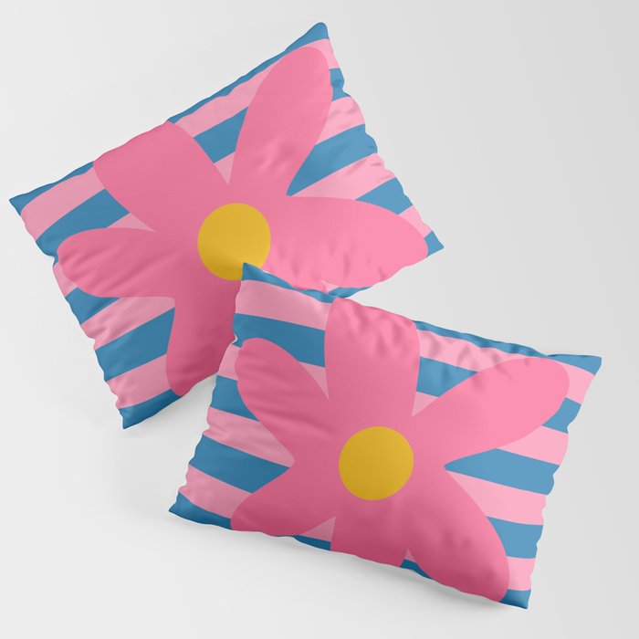 Joyful Flower and Stripes Floral Pink Blue Yellow Pillow Sham Gallery Image 1