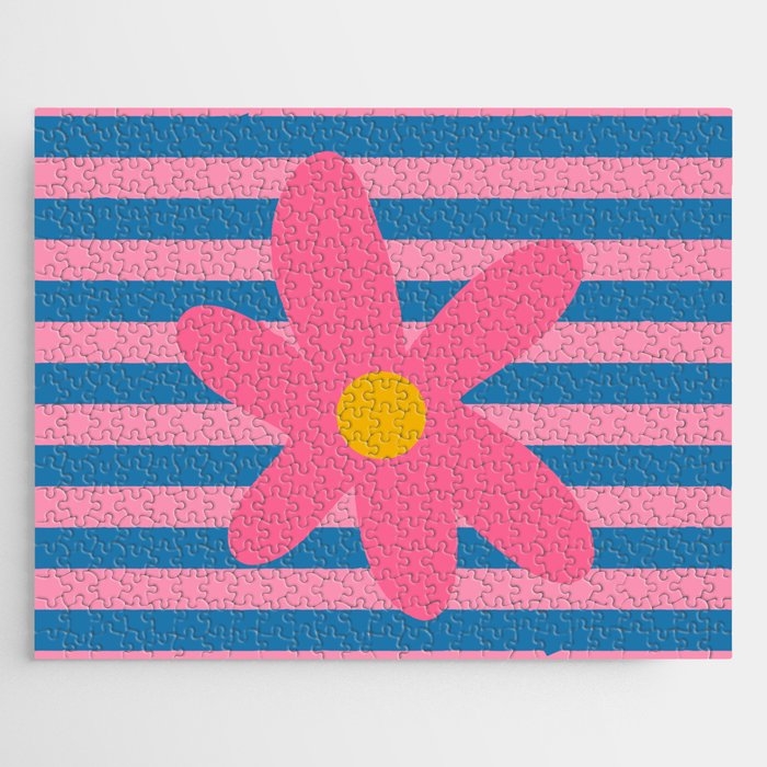 Joyful Flower and Stripes Floral Pink Blue Yellow Jigsaw Puzzle Gallery Image 1