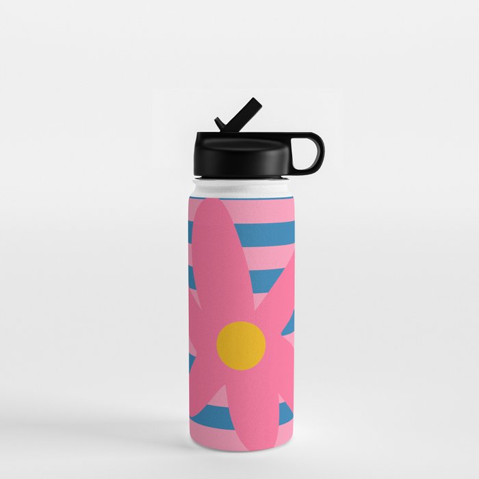 Joyful Flower and Stripes Floral Pink Blue Yellow Water Bottle Gallery Image 1