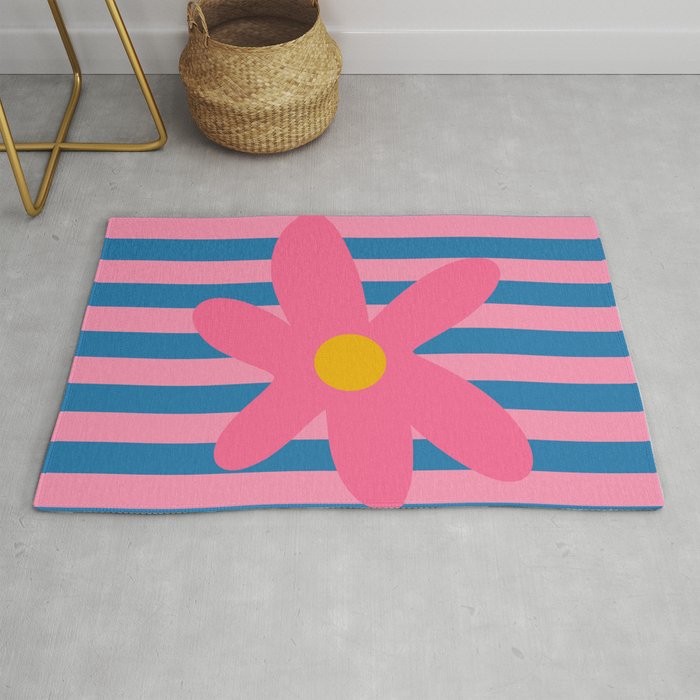 Joyful Flower and Stripes Floral Pink Blue Yellow Rug Gallery Image 1
