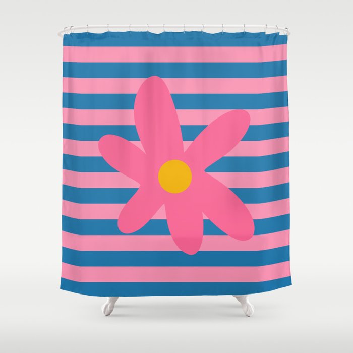 Joyful Flower and Stripes Floral Pink Blue Yellow Shower Curtain Gallery Image 1