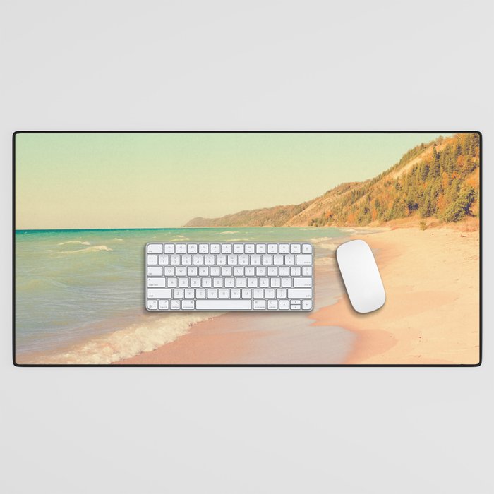 Her Mind Wandered Back and Forth With the Waves - michigan beach nature photograph Desk Mat Gallery Image 1