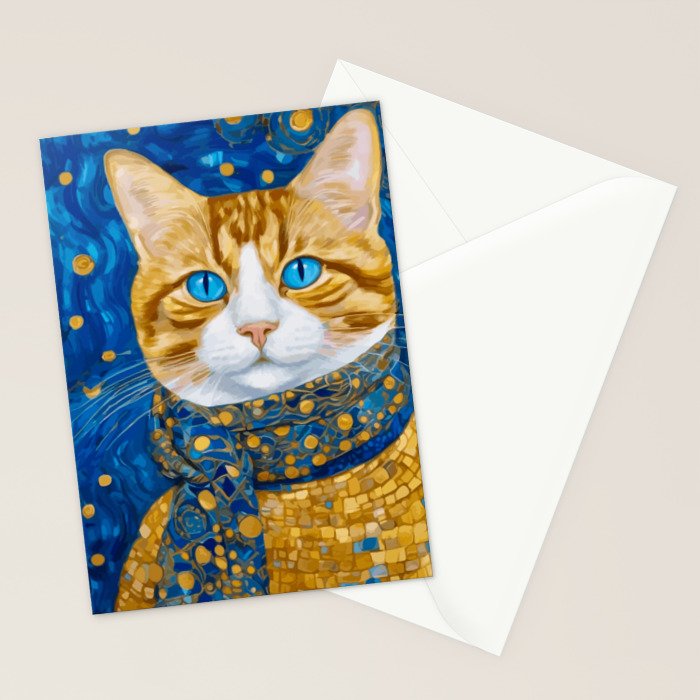 Klimt Tabby Cat with Blue Eyes and Beautiful Scarf Stationery Card Gallery Image 2