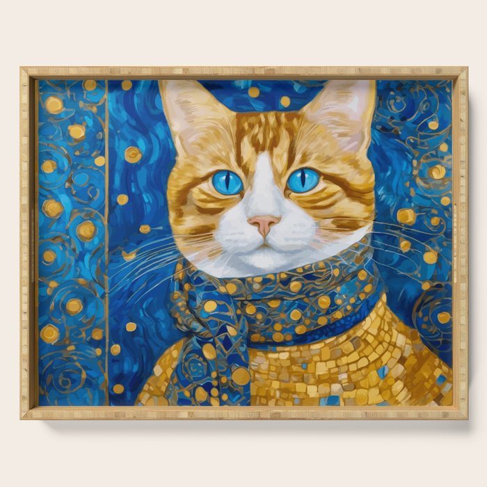 Klimt Tabby Cat With Blue Eyes And Beautiful Scarf Serving Tray