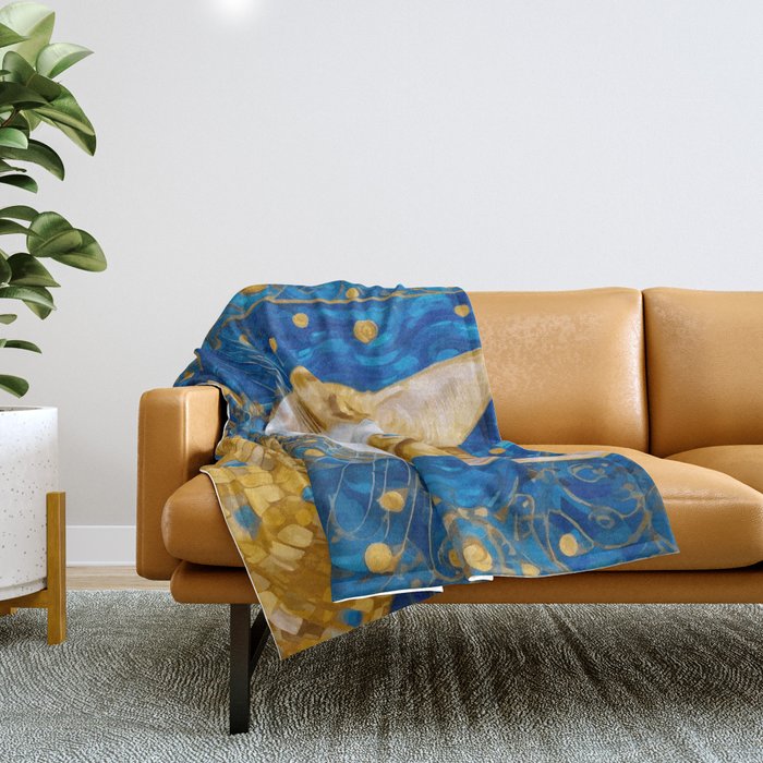Klimt Tabby Cat with Blue Eyes and Beautiful Scarf Throw Blanket Gallery Image 1