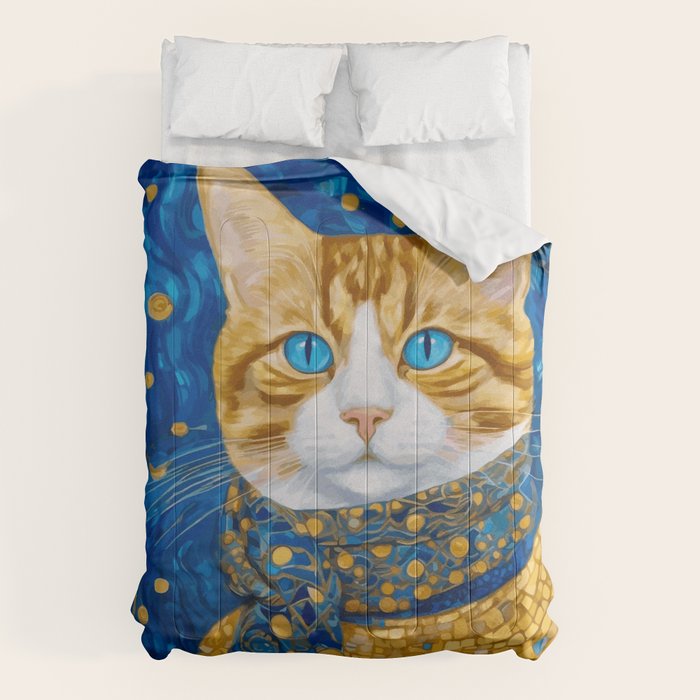 Klimt Tabby Cat with Blue Eyes and Beautiful Scarf Comforter Gallery Image 6