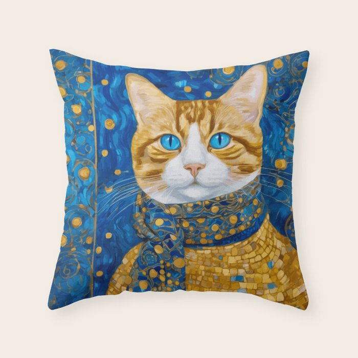 Klimt Tabby Cat with Blue Eyes and Beautiful Scarf Throw Pillow Gallery Image 1