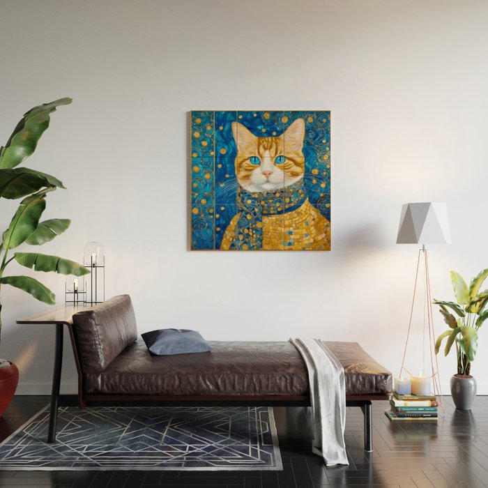 Klimt Tabby Cat with Blue Eyes and Beautiful Scarf Wood Wall Art Gallery Image 2