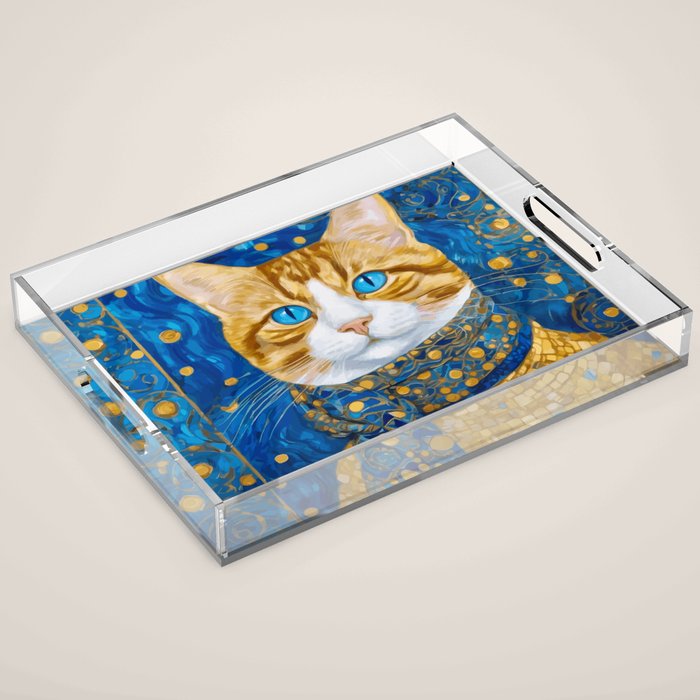 Klimt Tabby Cat with Blue Eyes and Beautiful Scarf Acrylic Tray Gallery Image 1