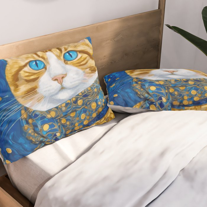 Klimt Tabby Cat with Blue Eyes and Beautiful Scarf Pillow Sham Gallery Image 2